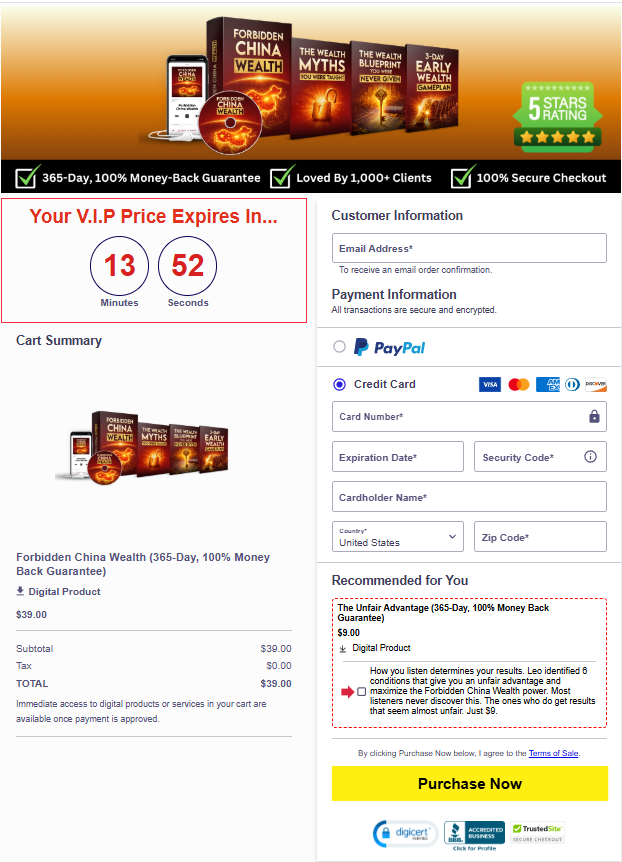Screenshot of the Forbidden China Wealth ClickBank checkout page showing the $39 price, card and PayPal payment options